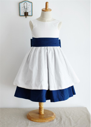 Ivory And Navy Blue Cotton V Back Flower Girl Dress